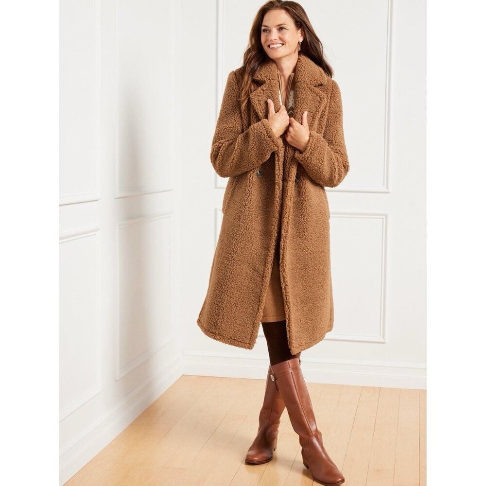 Talbots Womens Sherpa Teddy Tan Coat:  PETITE SMALL, Fleece, Preppy, Minimalist